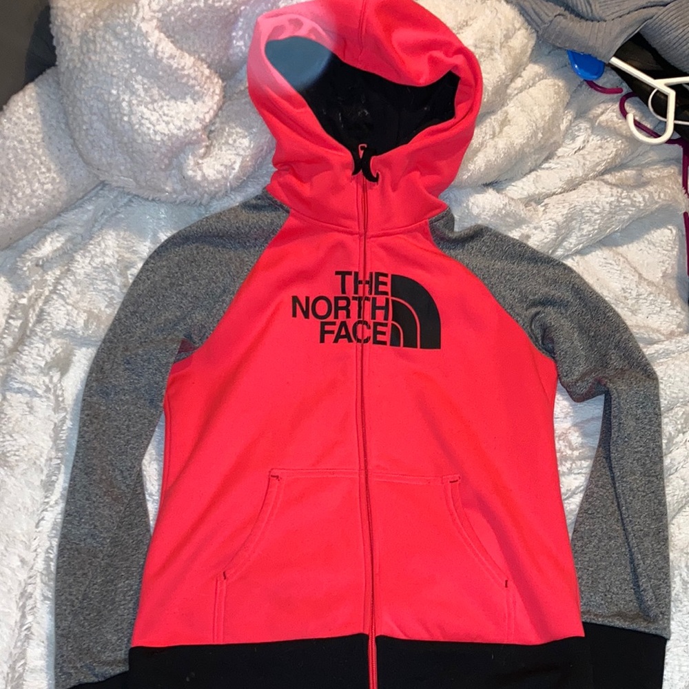 The north face neon pink gray and black sweater